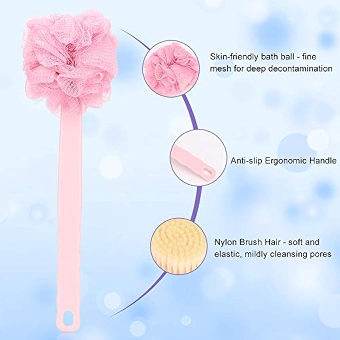 NOENNULL Long Handle Shower Brush, Bath/Shower Ball Brush, Mesh Sponge, Body with Hanging Hole, Scrub, Bath, Body, Back for Men and Women - Image 3